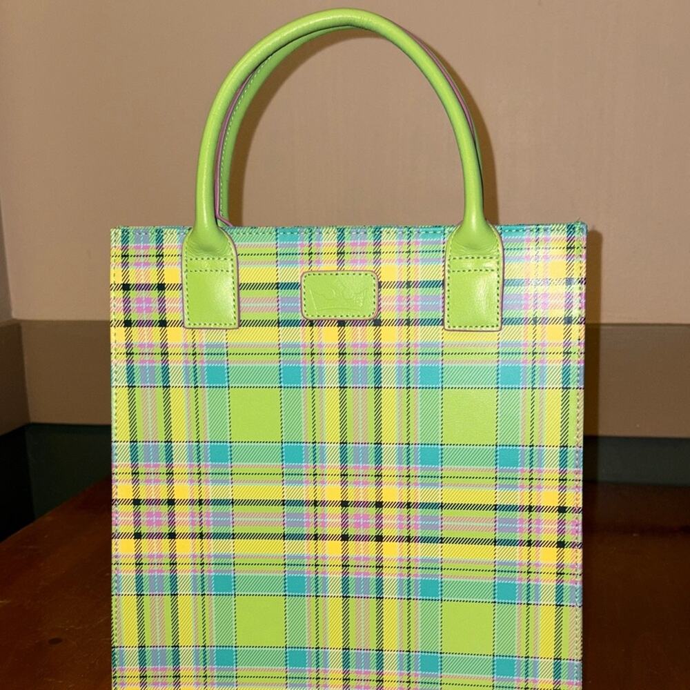 Baekgaard Pastel Green Leather Boxed Tote Clueless Acedemia Hardside Plaid - Picture 2 of 8
